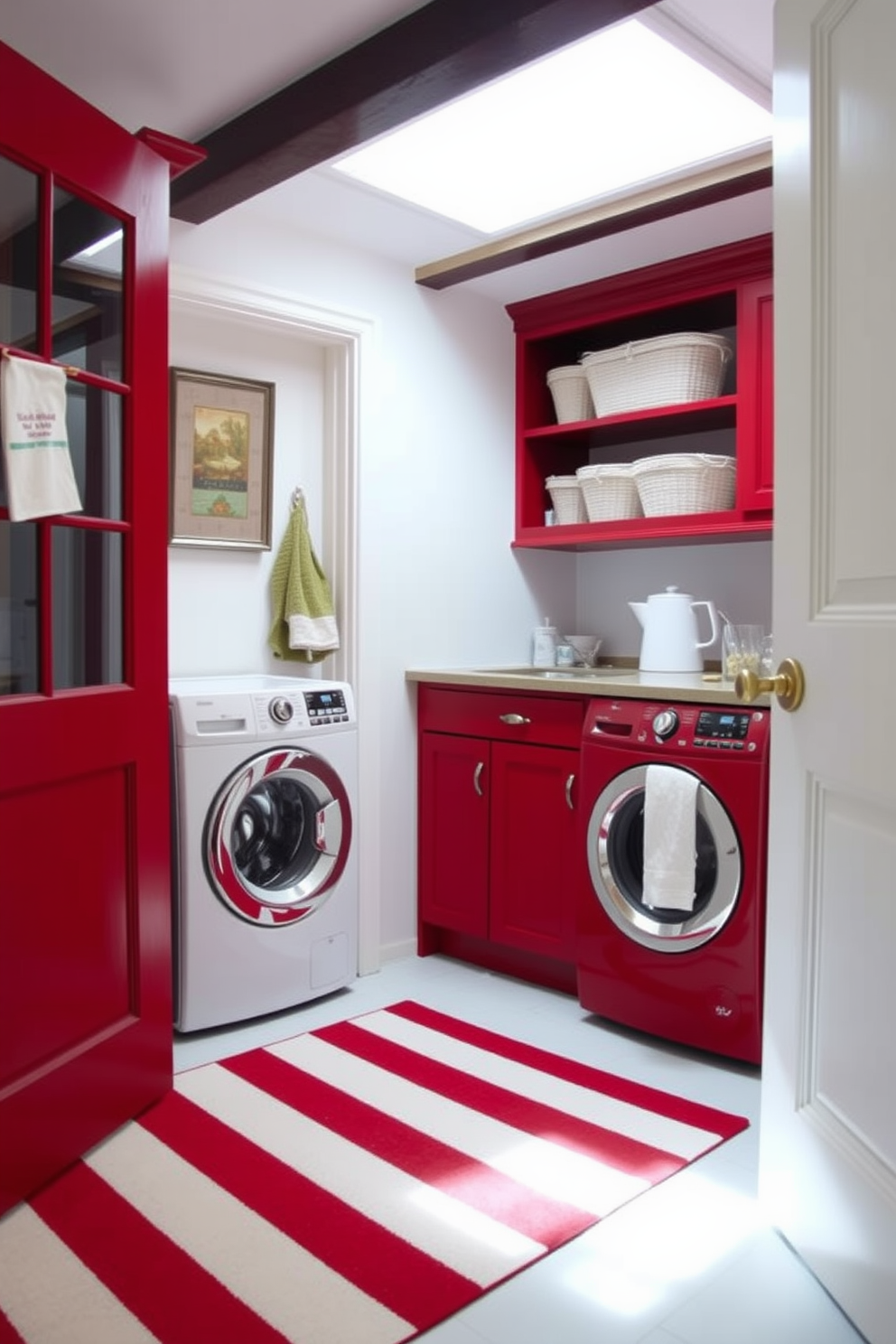 A cozy laundry room featuring a red and white striped rug that adds warmth and comfort to the space. The walls are painted in a soft white hue, while the cabinetry is a rich red, creating a vibrant and inviting atmosphere.