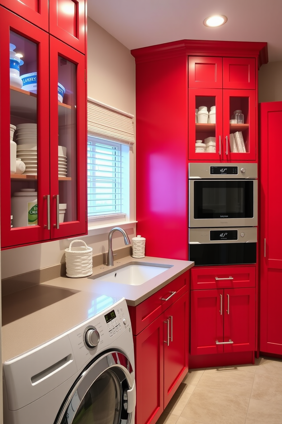 A vibrant laundry room with a bold red ceiling that adds a striking contrast to the overall design. The walls are painted in a soft white to enhance brightness, and sleek cabinets in a modern style provide ample storage space. A large countertop made of durable quartz offers a practical workspace for folding clothes. The flooring features a stylish gray tile that is both functional and easy to clean, creating a cohesive look with the red accents.