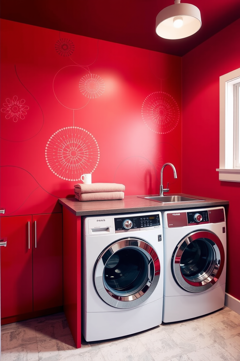 A vibrant laundry room featuring a striking red washer and dryer set against crisp white cabinetry. The walls are painted in a soft gray hue, creating a perfect backdrop for the bold appliances. A spacious countertop extends above the machines for folding clothes, complemented by stylish storage baskets. Decorative elements like framed art and potted plants add a touch of warmth to the space.