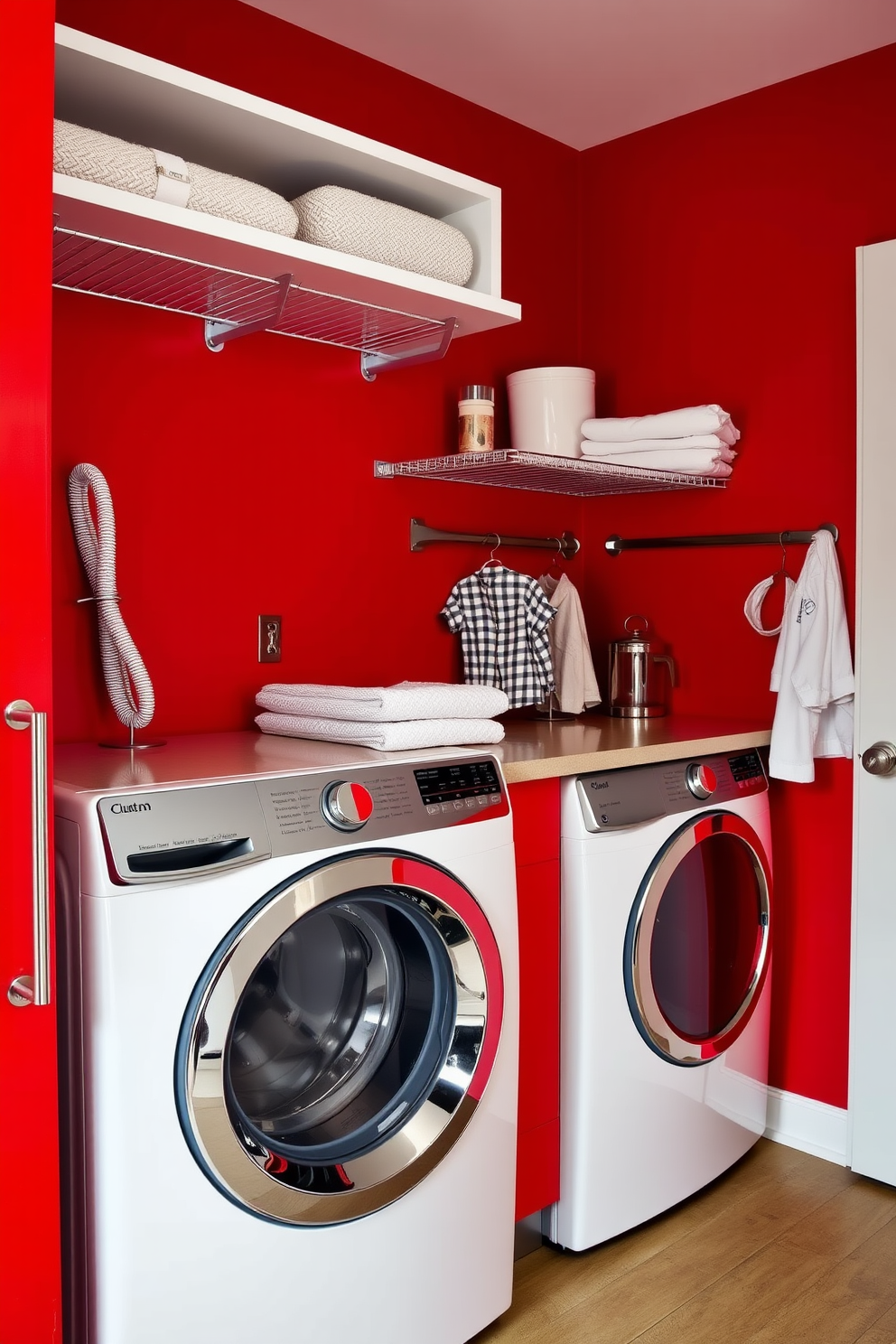 Decorative red signs adorn the walls of a vibrant laundry room, adding a personalized touch to the space. The room features sleek cabinets and a spacious countertop for folding clothes, all complemented by a cheerful red and white color scheme. Bright red accents highlight the laundry appliances, creating a cohesive and inviting atmosphere. A stylish drying rack is placed near a window, allowing natural light to illuminate the room while enhancing its functionality.