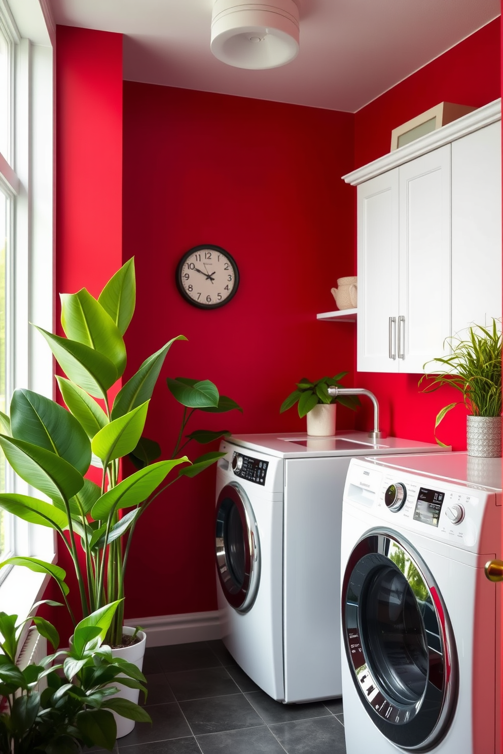 A trendy laundry room featuring vibrant red walls and sleek white cabinetry. Lush green plants are strategically placed around the space, adding a touch of freshness and vitality.