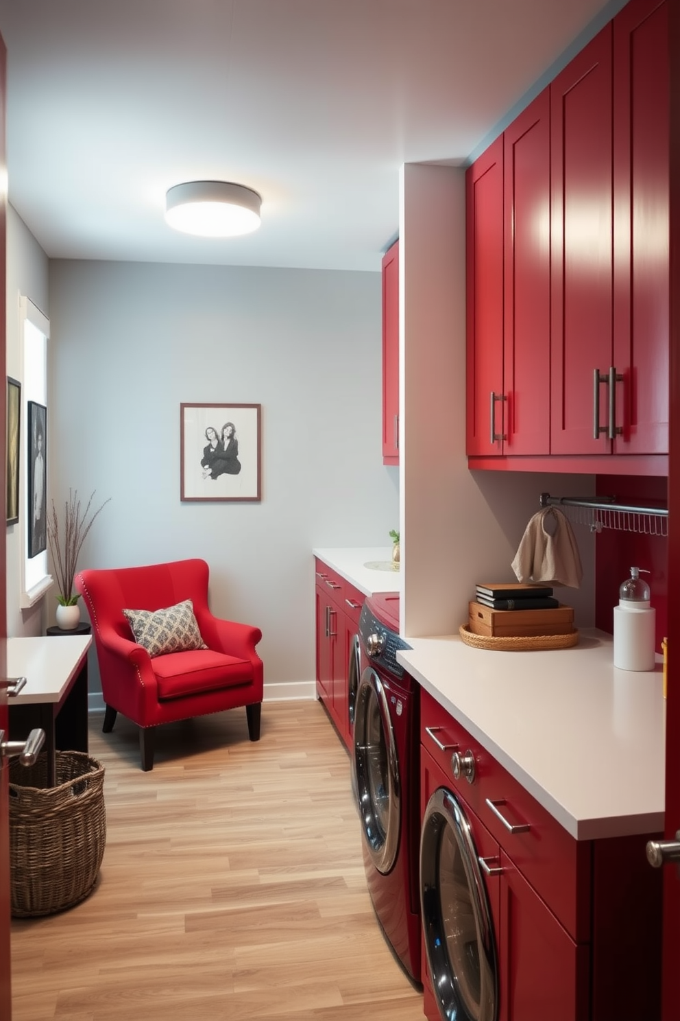 A cozy nook features a vibrant red accent chair that invites relaxation. Soft lighting illuminates the space, creating a warm and inviting atmosphere. The laundry room is designed with bold red cabinetry and sleek white countertops for a modern look. Functional storage solutions are integrated seamlessly, making the space both practical and stylish.