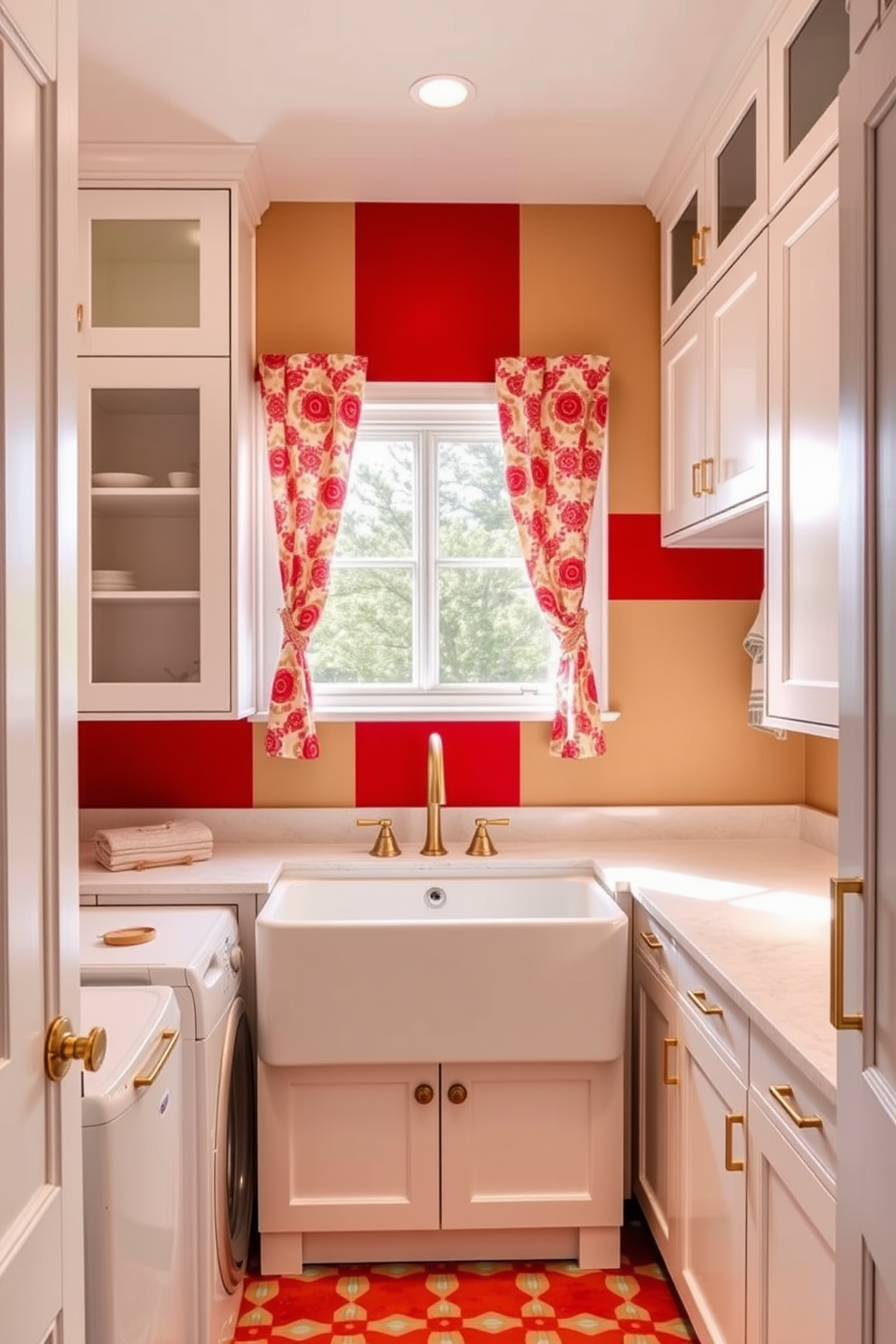 A vibrant laundry room featuring red-themed accessories that create a cohesive look. The walls are painted in a bold red hue, complemented by matching storage bins and a stylish red washer and dryer set. A sleek countertop in white provides contrast, adorned with decorative items like a red vase and matching laundry supplies. A playful red and white patterned rug adds warmth underfoot, while wall art featuring laundry-themed quotes ties the design together.