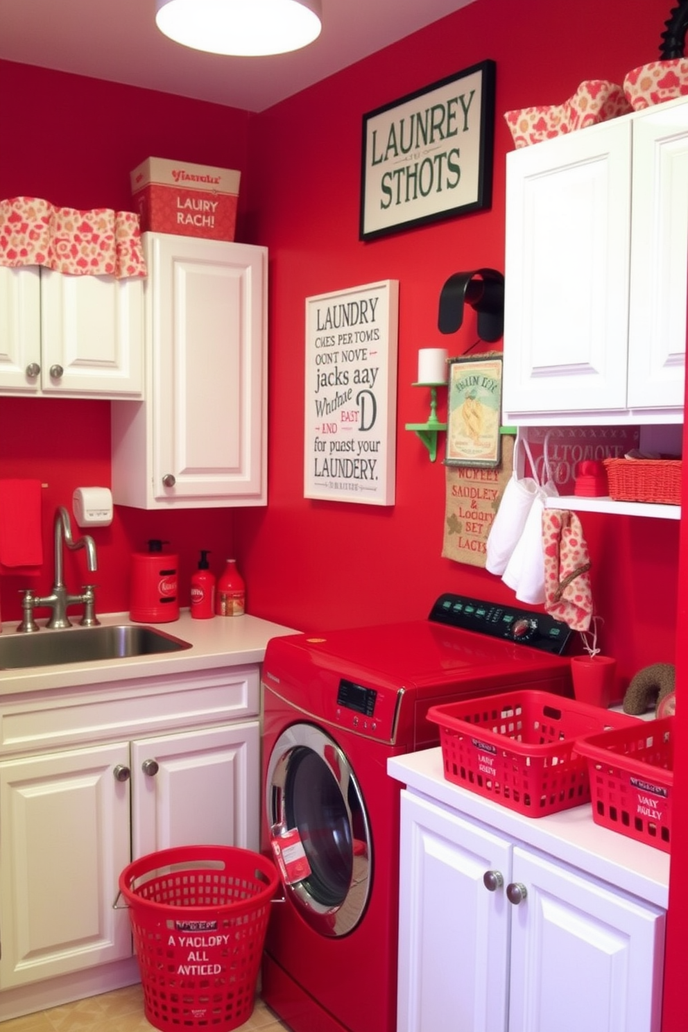 A vibrant laundry room that combines red and wood for a warm and inviting atmosphere. The walls are painted in a rich red hue, complemented by wooden cabinetry that provides ample storage space. A large farmhouse sink is installed against a wooden countertop, with stylish metal fixtures adding a modern touch. Decorative baskets made of natural fibers are neatly arranged on the shelves, enhancing the cozy feel of the space.