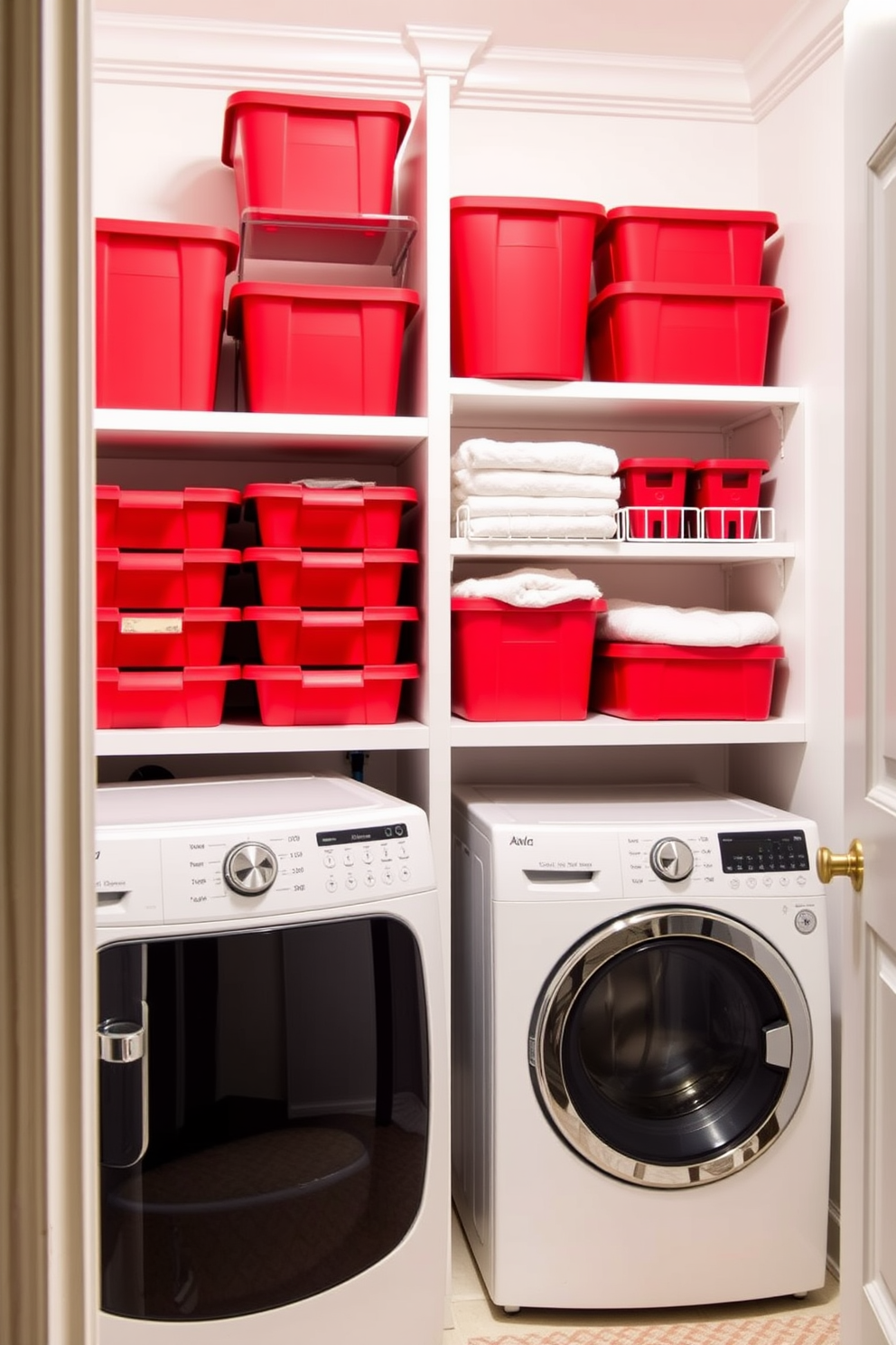 A vibrant laundry room featuring red storage bins neatly arranged on open shelving for tidy organization. The walls are painted a soft white, complementing the bright red accents and creating an inviting atmosphere.