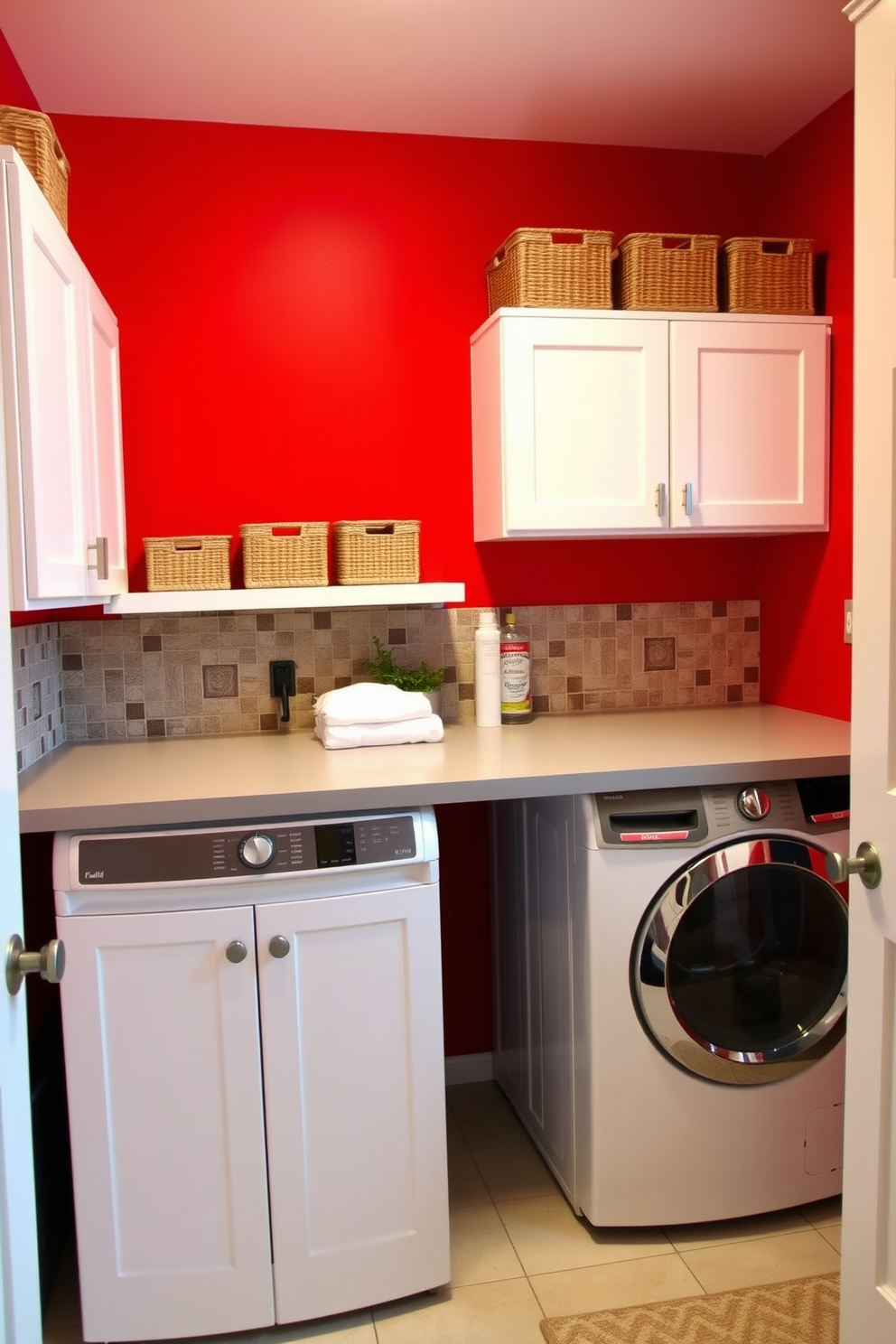 A vibrant red accent wall serves as the focal point of the laundry room, creating a striking contrast against the neutral decor. The space features sleek white cabinetry and a modern washer and dryer set, providing both functionality and style. A stylish countertop in a light gray finish extends over the appliances, offering ample space for folding clothes. Decorative storage baskets in natural fibers are neatly arranged on the shelves, enhancing the room's organized yet inviting atmosphere.