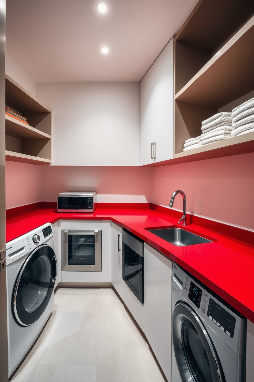 A sleek laundry room features striking red countertops that emphasize a minimalist aesthetic. The space is organized with open shelving and modern appliances, creating an efficient and stylish environment.