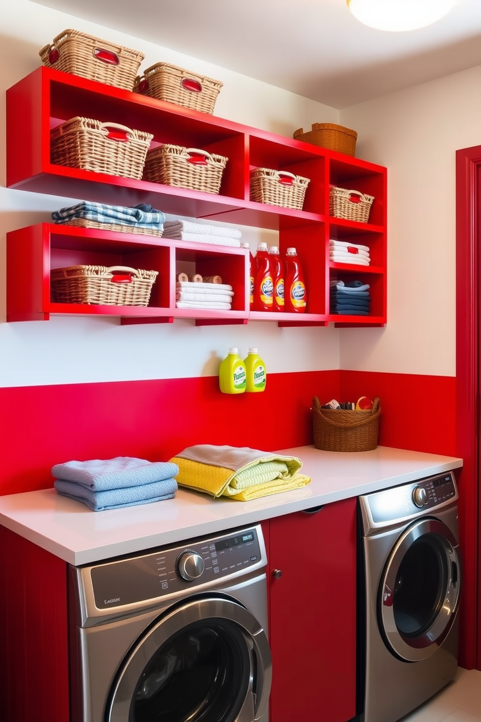 A vibrant laundry room featuring open shelving in bold red hues creates an energetic atmosphere. The shelves are filled with neatly organized baskets and colorful detergent bottles, adding a playful touch to the space. The walls are painted in a contrasting light color, enhancing the boldness of the red shelving. A sleek countertop provides ample workspace for folding clothes, complemented by modern appliances that blend seamlessly into the design.