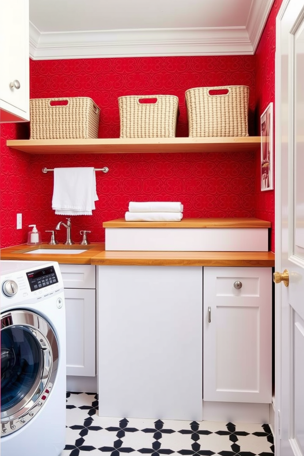 A vibrant laundry room with red patterned wallpaper that adds a bold touch to the space. The room features a sleek white washer and dryer, complemented by a stylish wooden countertop for folding clothes. The floor is adorned with a chic black and white tile that contrasts beautifully with the red walls. Decorative storage baskets in neutral tones are neatly arranged on open shelves, enhancing both functionality and style.