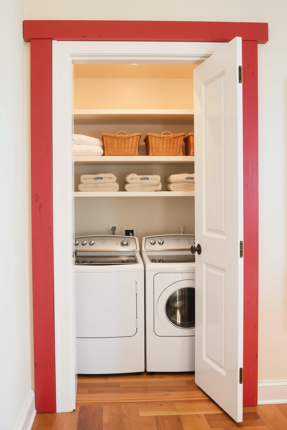 A rustic red barn door serves as the entry to a cozy laundry room. Inside, the walls are painted a soft cream color, and the floor features warm wooden planks. The room is equipped with a vintage-style washer and dryer, both in a classic white finish. Open shelving above the appliances displays neatly folded towels and decorative baskets.