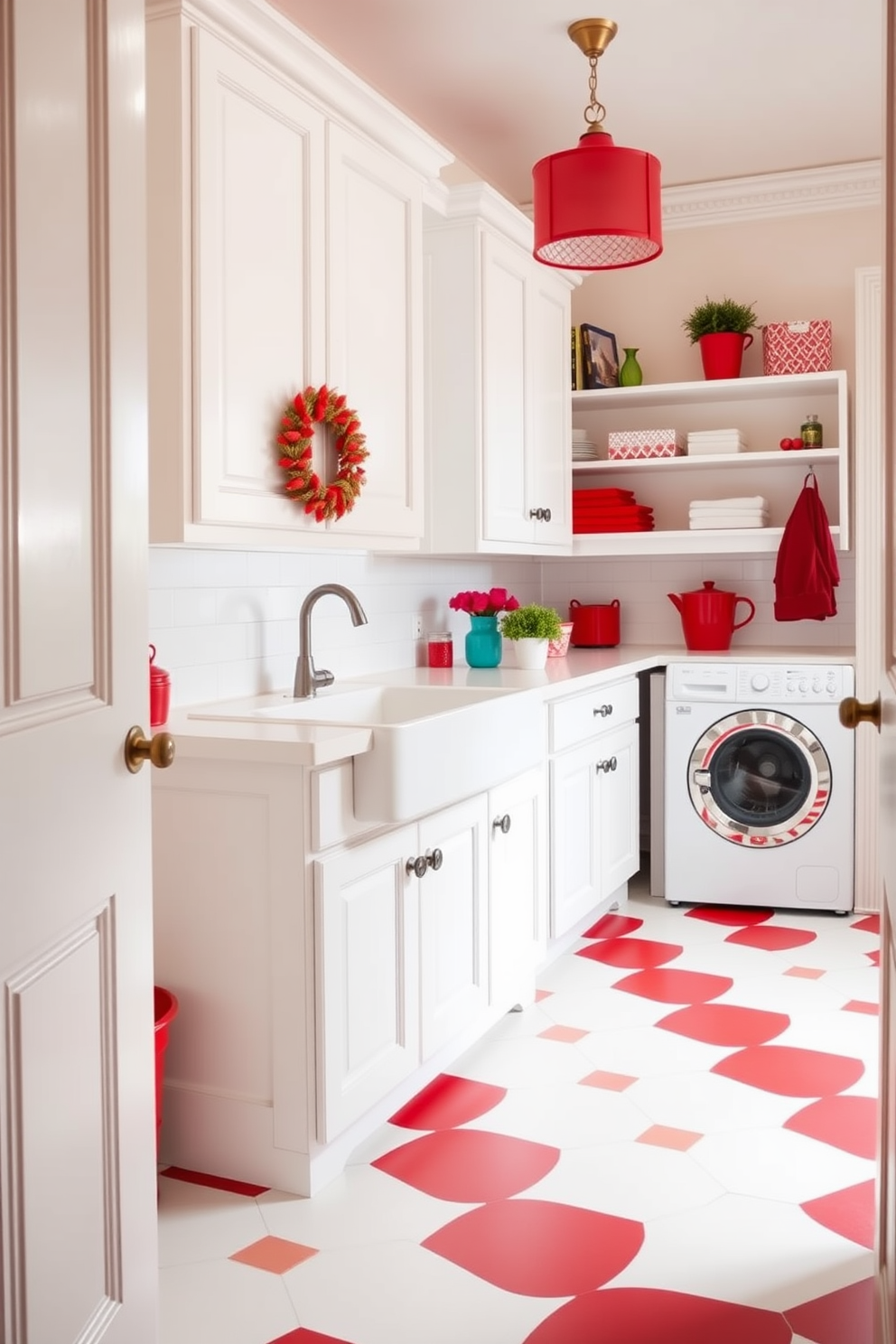 A vibrant laundry room featuring a classic red and white checkerboard floor. The space is bright and cheerful with white cabinetry and a farmhouse sink, complemented by red accents throughout the decor.