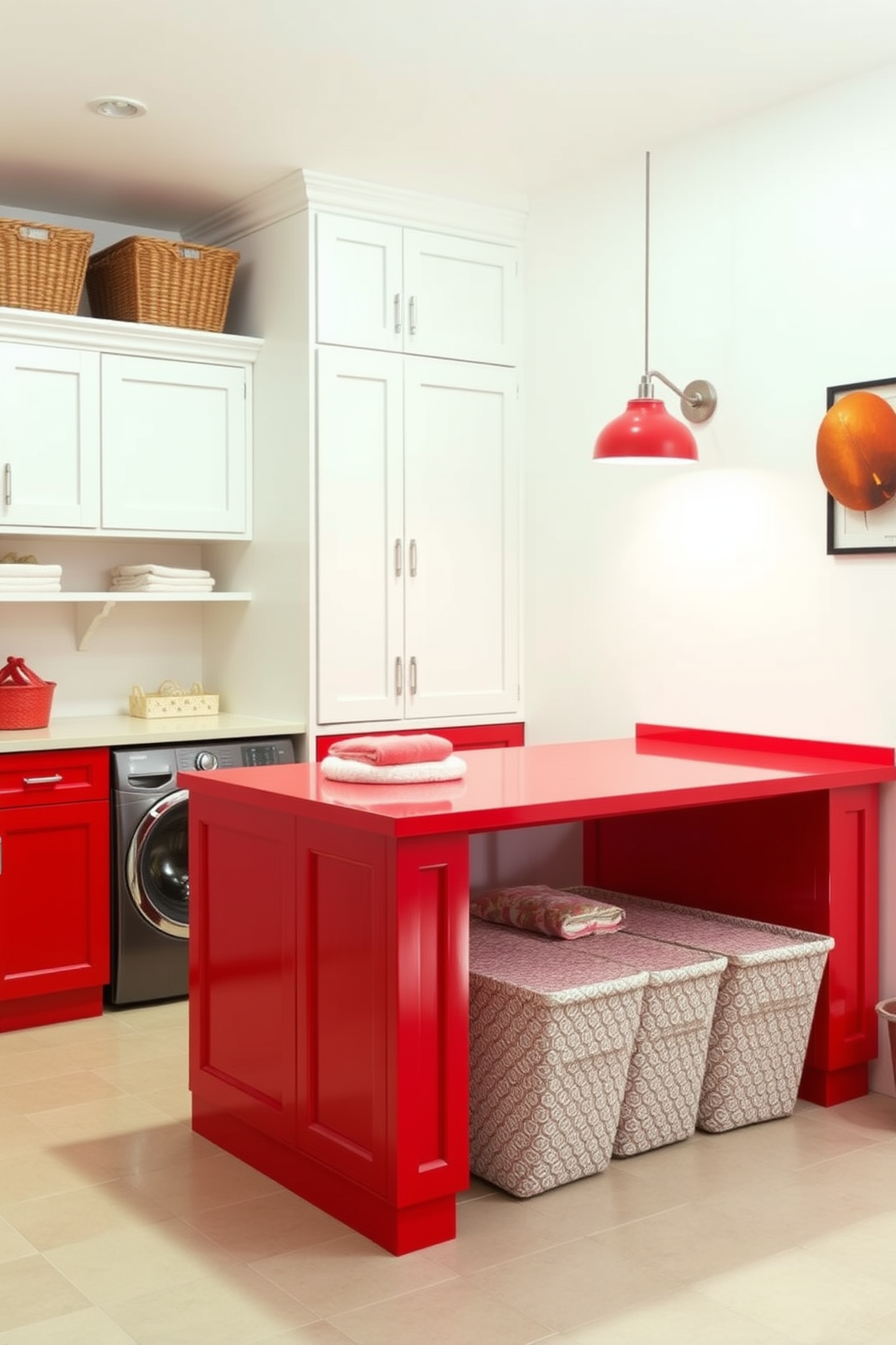 A striking laundry room featuring red and black tiles that create a bold modern aesthetic. The space is equipped with sleek black cabinets and a spacious countertop for folding clothes, complemented by vibrant red accents throughout.