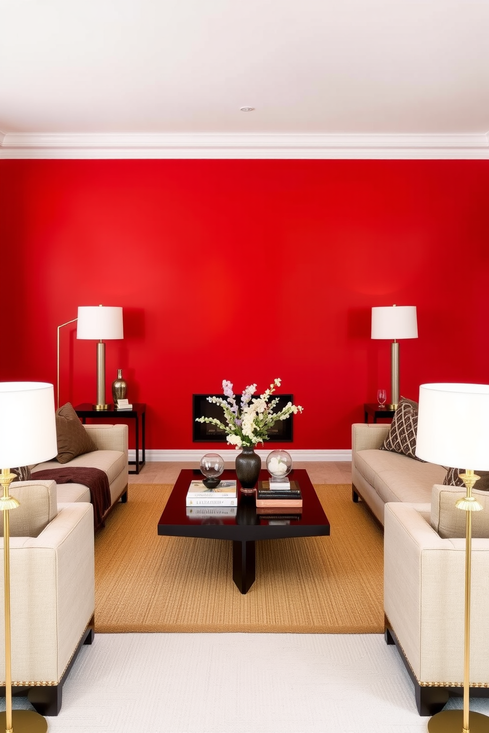 A bold red accent wall serves as the focal point of the living room, creating a vibrant and energetic atmosphere. The space is furnished with neutral-colored sofas and armchairs, providing a striking contrast to the wall while maintaining a sophisticated look. A sleek coffee table sits in the center, adorned with decorative books and a stylish vase. Soft lighting from elegant floor lamps enhances the warmth of the room, inviting relaxation and conversation.