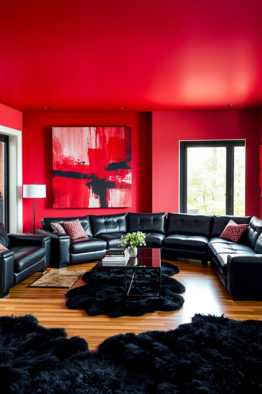 A striking living room filled with bold red and deep black accents. The walls are painted a rich crimson, while the furniture features sleek black leather sofas and a contemporary coffee table. An oversized abstract artwork in shades of red and black adorns one wall, creating a focal point. Plush black rugs are layered on a polished wooden floor, adding texture and warmth to the space.