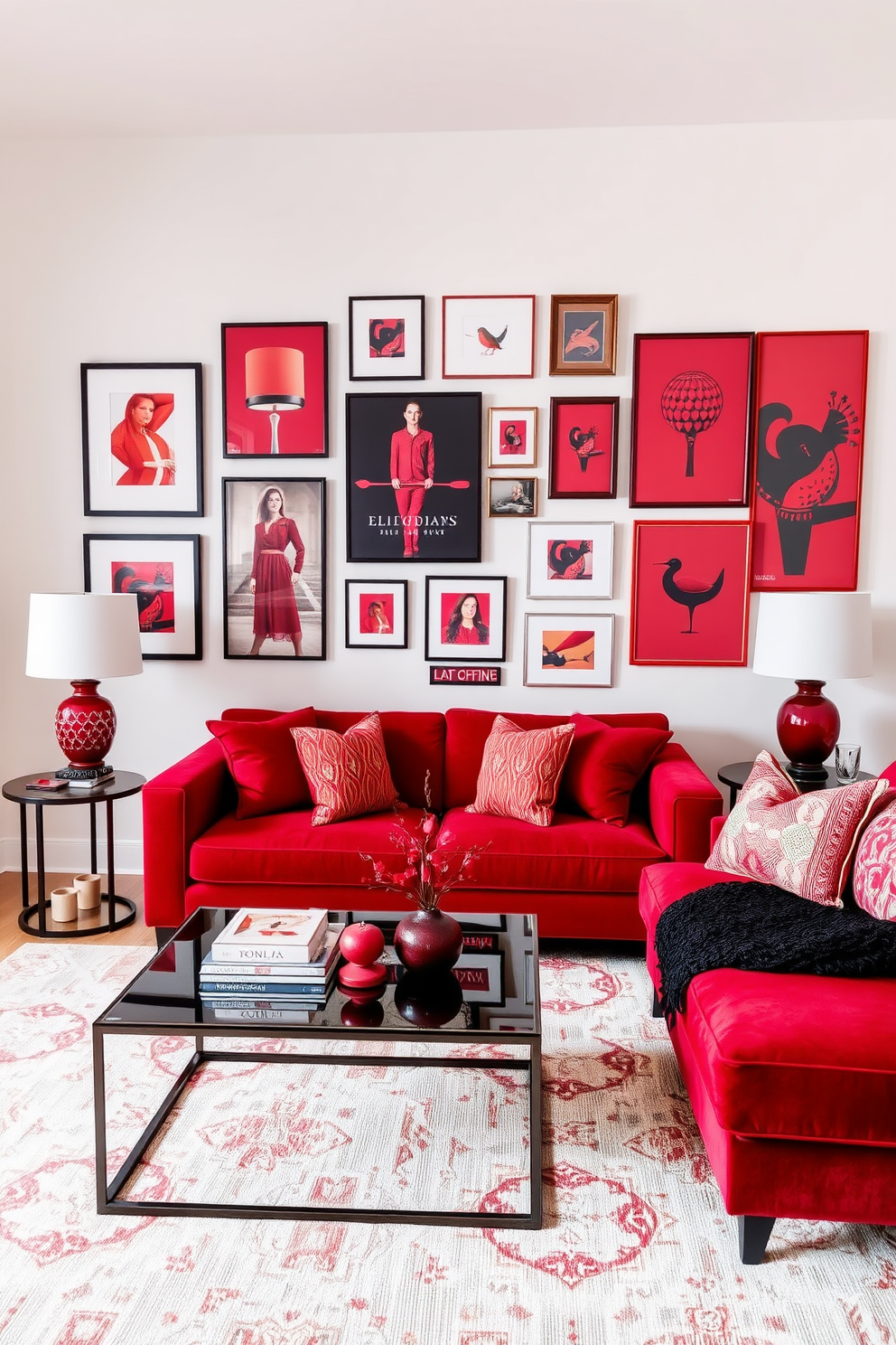 A vibrant living room featuring a gallery wall display adorned with various red artworks. The walls are painted in a soft neutral tone to enhance the richness of the red accents throughout the space. The seating area includes a plush red sofa complemented by contrasting throw pillows. A sleek coffee table sits in front, surrounded by stylish decor that ties the room together.