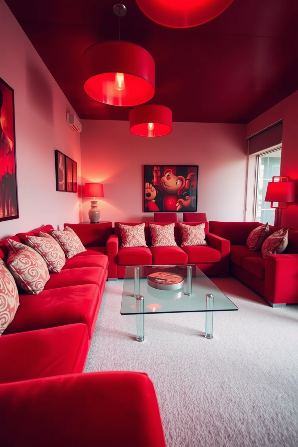 A vibrant living room infused with warmth and energy. The space features a plush red sectional sofa adorned with patterned throw pillows and a sleek glass coffee table at the center. Red lighting fixtures cast a soft glow, enhancing the inviting atmosphere. The walls are painted a neutral tone, allowing the red accents to pop while artwork in complementary colors adorns the space.