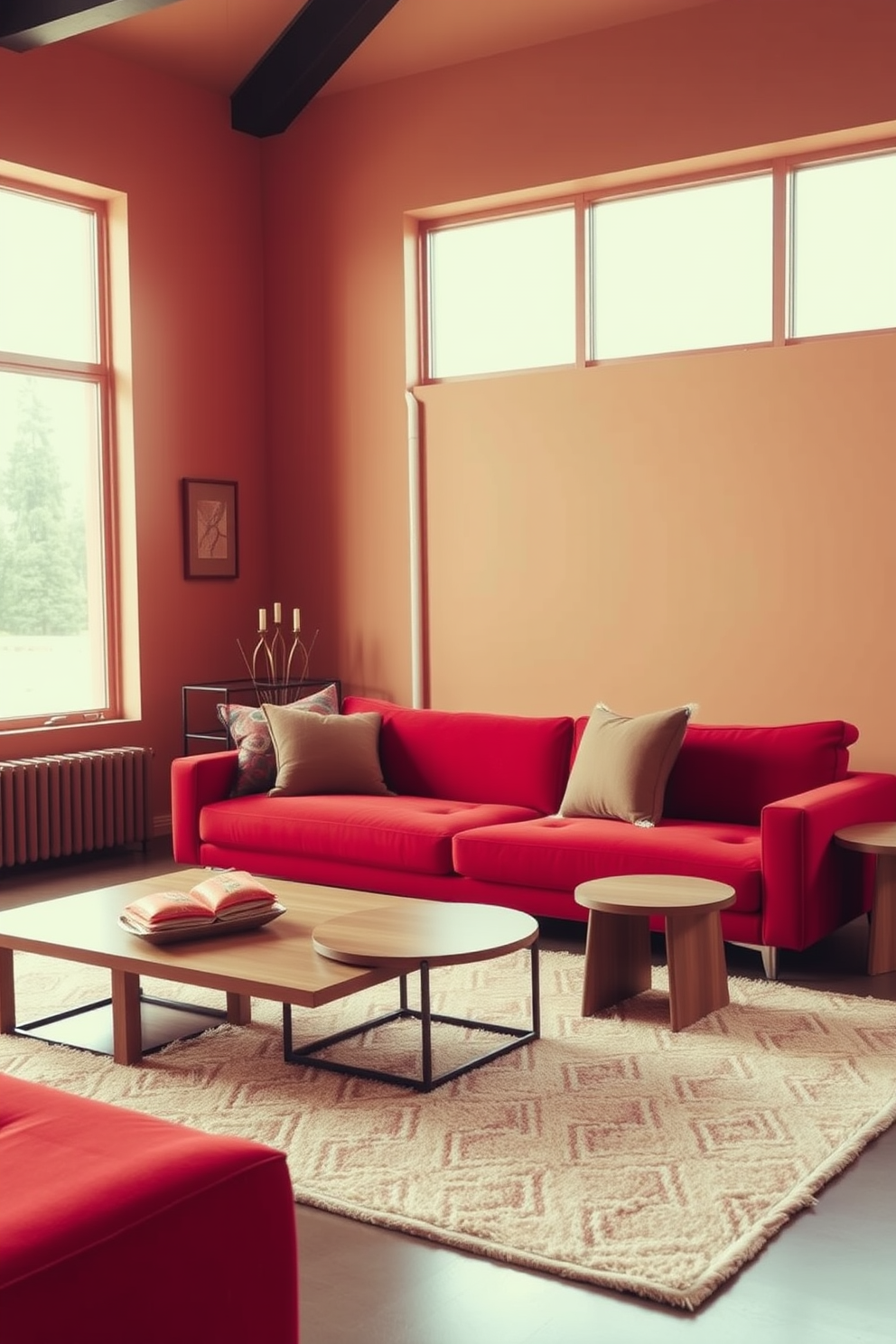 A bright red sofa sits in the center of the room, flanked by two sleek black side tables. The walls are painted in a soft gray to provide a neutral backdrop that enhances the vibrancy of the red accents. Bold red throw pillows add a pop of color to the sofa, while a matching red area rug anchors the space. Large windows allow natural light to flood in, highlighting the contemporary art pieces that feature red tones on the walls.