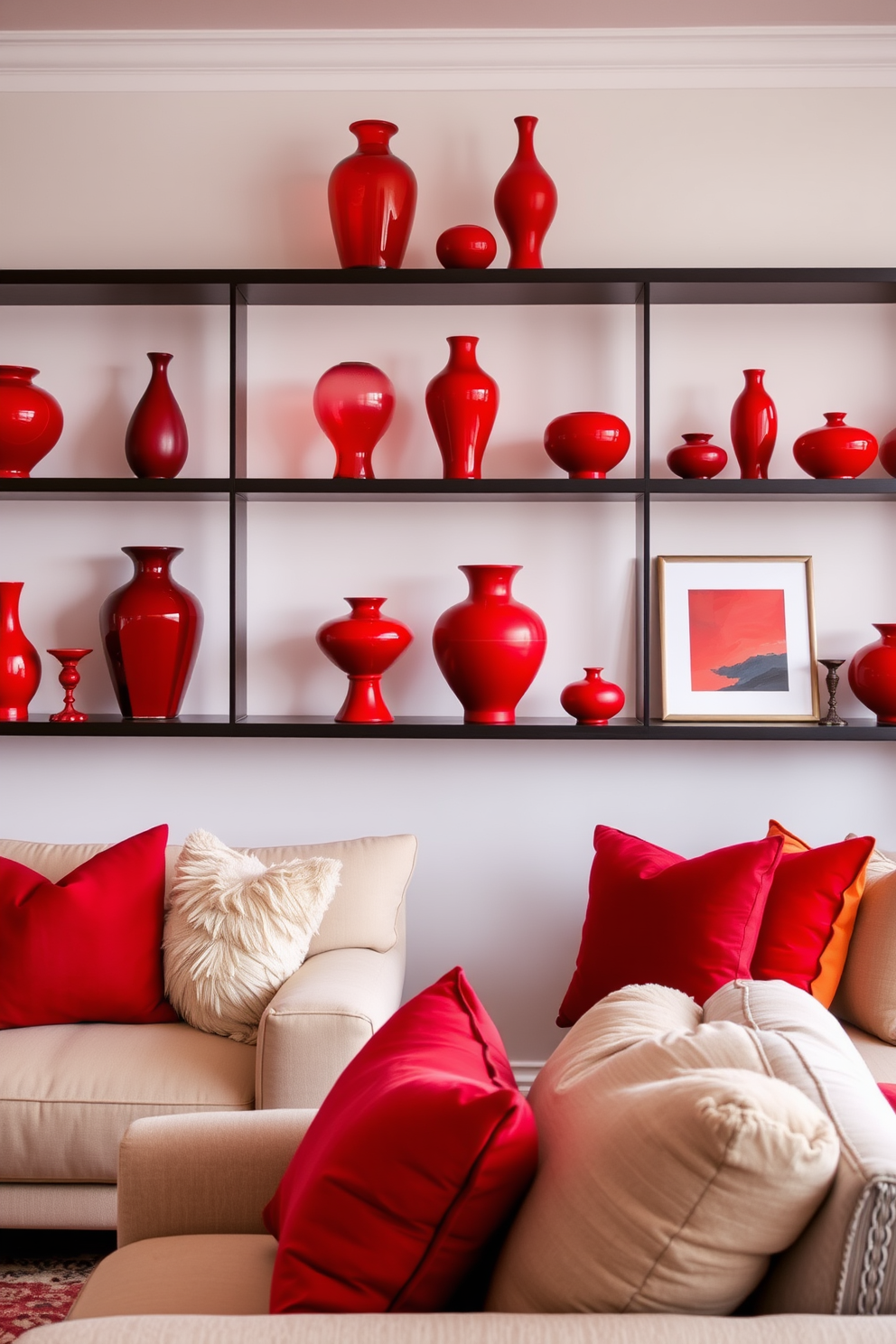 A vibrant living room filled with red and white striped decor that creates a playful and energetic atmosphere. The space features a plush white sofa adorned with red striped throw pillows and a matching striped area rug underfoot. On the walls, bold red and white striped wallpaper adds a whimsical touch, complemented by contemporary art pieces in coordinating colors. Large windows allow natural light to flood the room, highlighting the cheerful decor and inviting a sense of warmth and comfort.