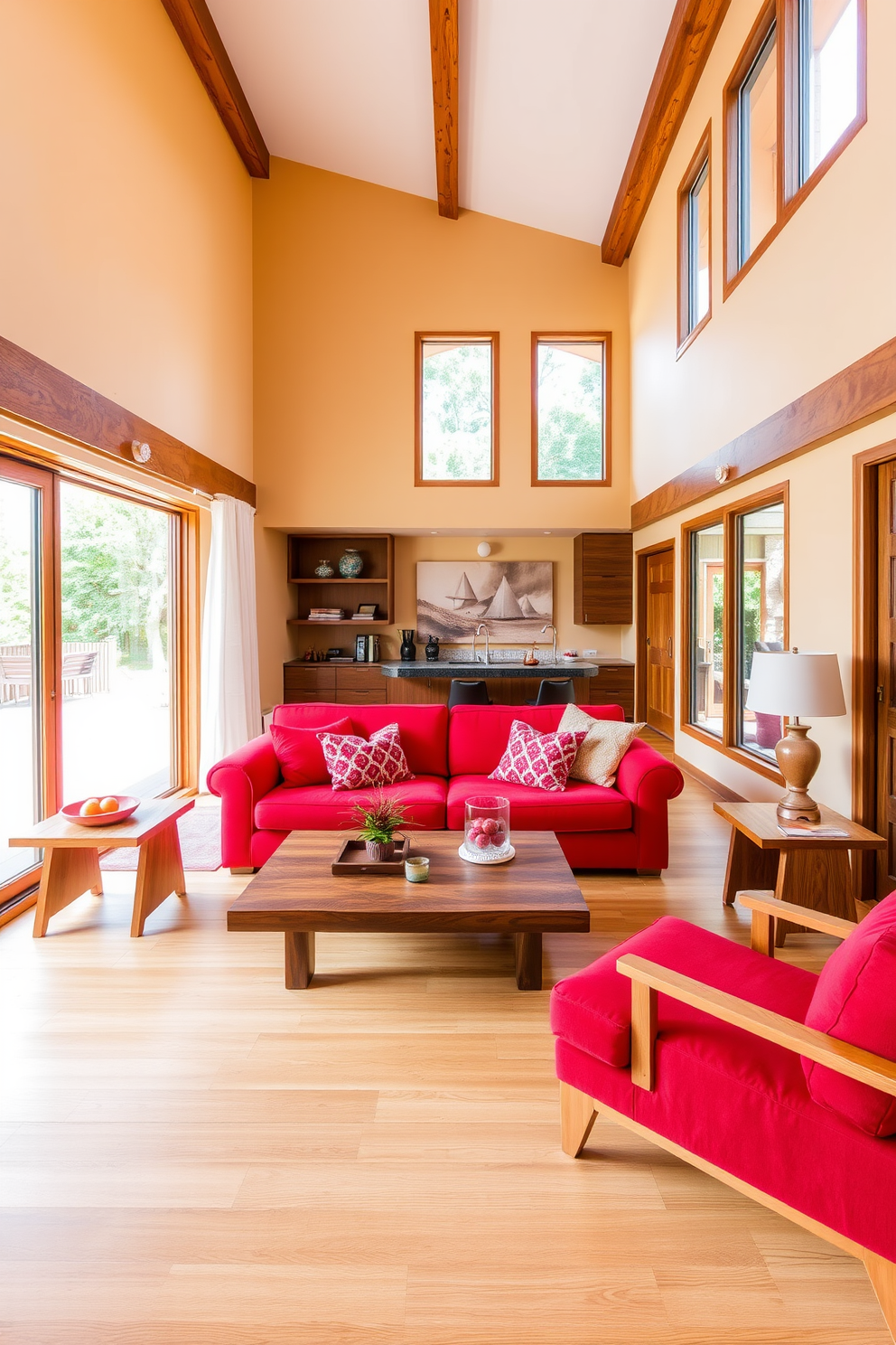 A vibrant living room setting where red accents are harmoniously blended with natural wood elements. The walls are painted in a warm cream tone, creating a bright backdrop for a plush red sofa adorned with colorful throw pillows. A sleek wooden coffee table sits in the center, complemented by a pair of stylish wooden side tables. Large windows allow natural light to flood the space, highlighting the rich textures of the wood and the bold red accents throughout the room.