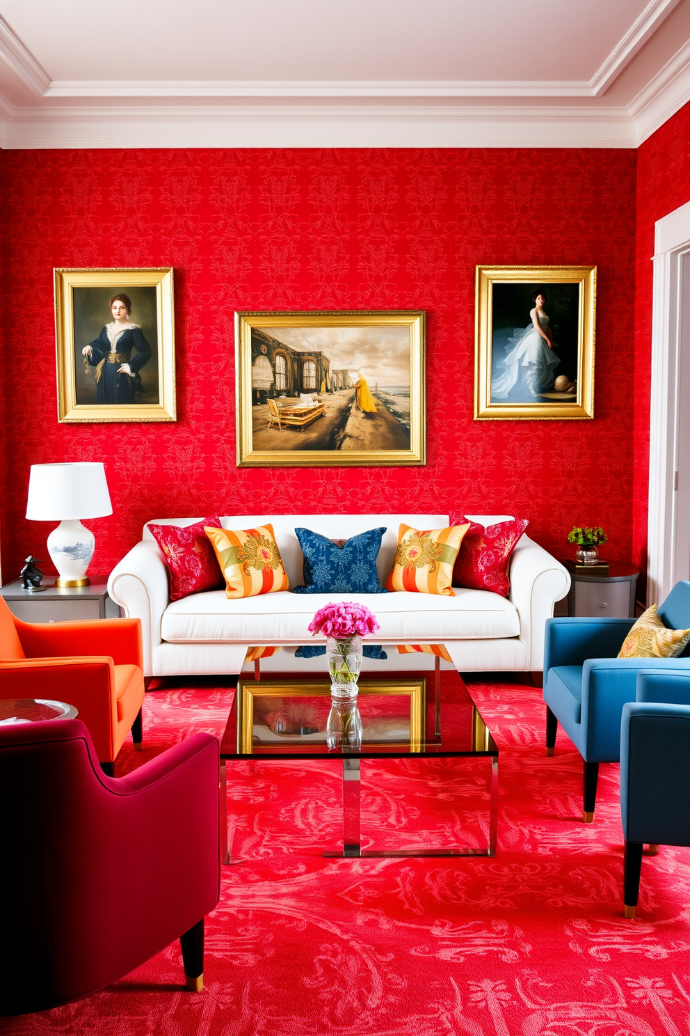 A striking red wallpaper adorns the walls, creating a bold and vibrant backdrop for the space. The room features a plush white sofa adorned with colorful throw pillows that complement the red hue. A sleek glass coffee table sits at the center, surrounded by modern accent chairs in contrasting colors. Elegant artwork with gold frames hangs on the walls, adding a touch of sophistication to the lively atmosphere.