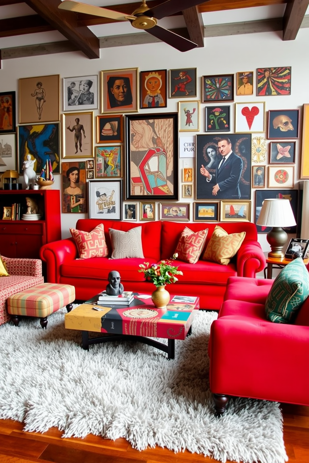 A vibrant eclectic living room filled with bold red furniture pieces. The space features a mix of textures and patterns, with a striking red sofa paired with colorful throw pillows and an artistic coffee table. The walls are adorned with an array of eclectic artwork, showcasing various styles and colors. A plush area rug anchors the room, while unique decorative accents add personality and charm to the overall design.