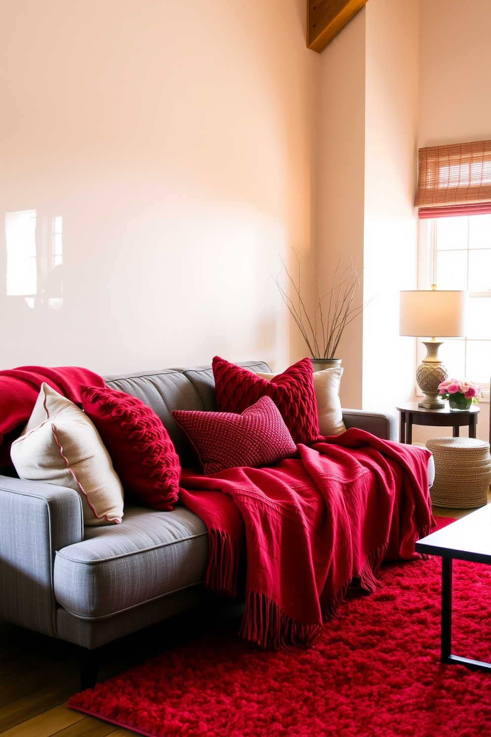 A luxurious living room featuring a red velvet sofa as the centerpiece. The walls are adorned with elegant artwork, and the space is illuminated by a stylish chandelier. Rich wooden accents complement the sofa, creating a warm and inviting atmosphere. Plush throw pillows in complementary colors add texture and comfort to the seating area.