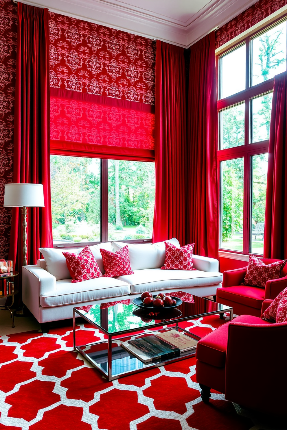 A vibrant red living room designed with layered textures and patterns that create a striking contrast. The walls are adorned with bold red wallpaper featuring intricate white designs, complemented by a plush white sofa adorned with red and patterned throw pillows. A sleek coffee table with a glass top sits atop a red and white geometric patterned rug. Floor-to-ceiling curtains in a rich red fabric frame the large windows, allowing natural light to illuminate the space while enhancing the cozy atmosphere.