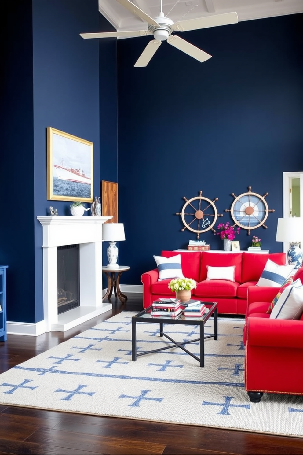 Create a vibrant living room inspired by a red and blue nautical theme. The walls are painted in a deep navy blue, while the furniture features bold red upholstery with white accents. Incorporate striped throw pillows and a large area rug with a nautical pattern. Add decorative elements like ship wheels, anchors, and coastal artwork to enhance the maritime atmosphere.