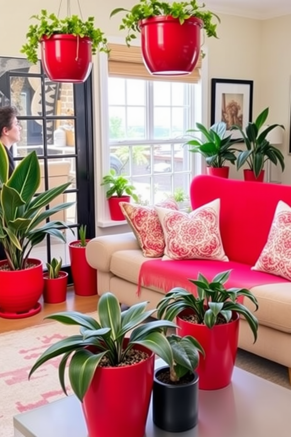 Create a vibrant living room featuring red plant pots that add a fresh touch to the space. The design includes a plush sofa in neutral tones, complemented by a striking red accent chair and decorative throw pillows.