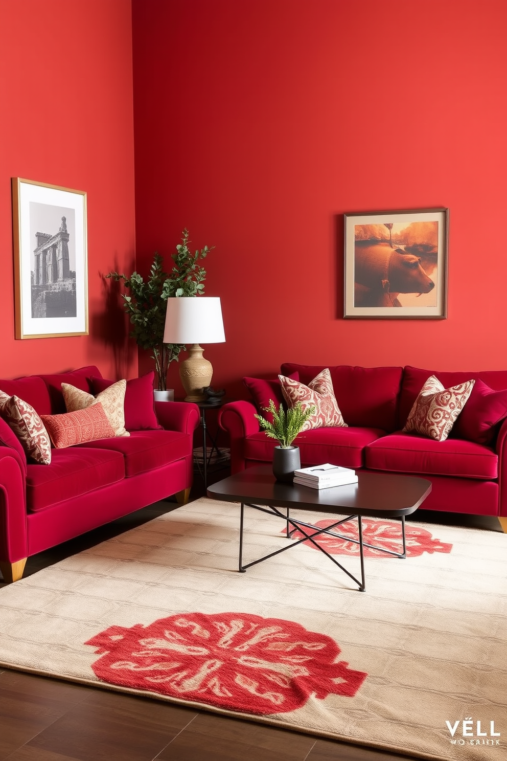 A cozy living room filled with warm red tones that create an inviting atmosphere. The space features a plush red sofa adorned with soft throw pillows and a large area rug that complements the color scheme. Accent walls painted in deep crimson add depth to the room. Natural light floods in through large windows, highlighting the rich textures of the furniture and decor.