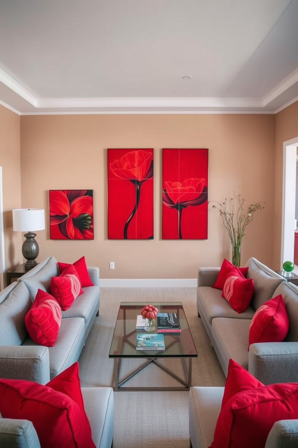 A striking living room adorned with red accents in the artwork. The walls are painted in a soft neutral tone, creating a warm backdrop for bold red paintings that add vibrancy to the space. A plush sectional sofa in a light gray fabric complements the rich red hues in the art. A glass coffee table sits in the center, surrounded by decorative red pillows that tie the room together beautifully.