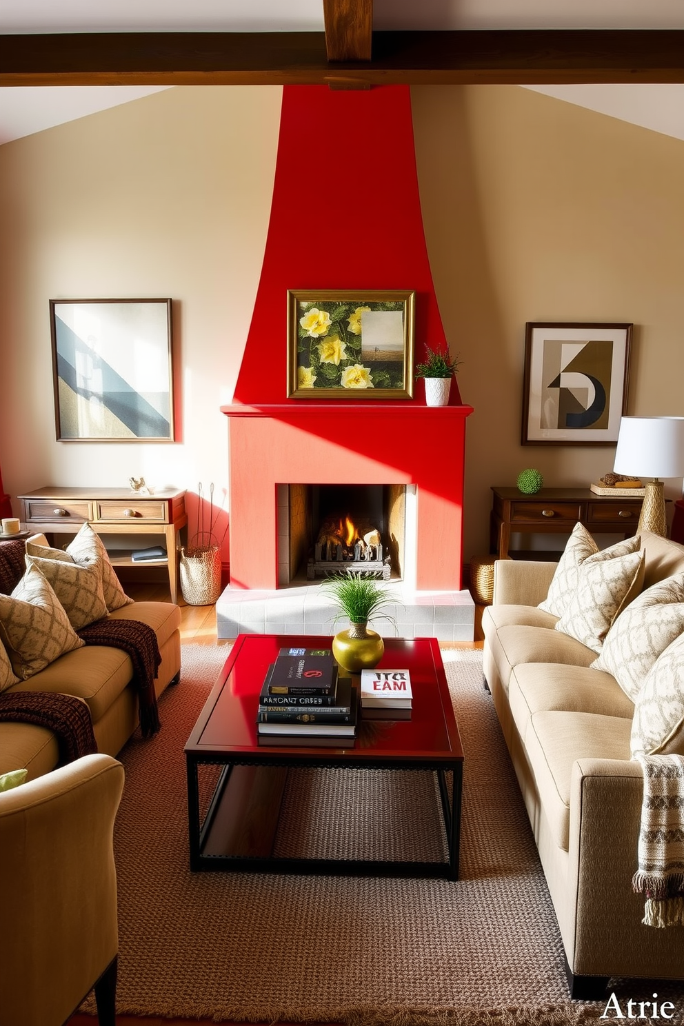 A bright red fireplace serves as the focal point of a cozy living room. Surrounding the fireplace, plush seating in warm neutrals invites relaxation, complemented by soft throw blankets and decorative cushions. The walls are adorned with art pieces that harmonize with the vibrant red, creating an inviting atmosphere. A stylish coffee table sits in the center, adorned with books and a small plant, enhancing the room's inviting charm.