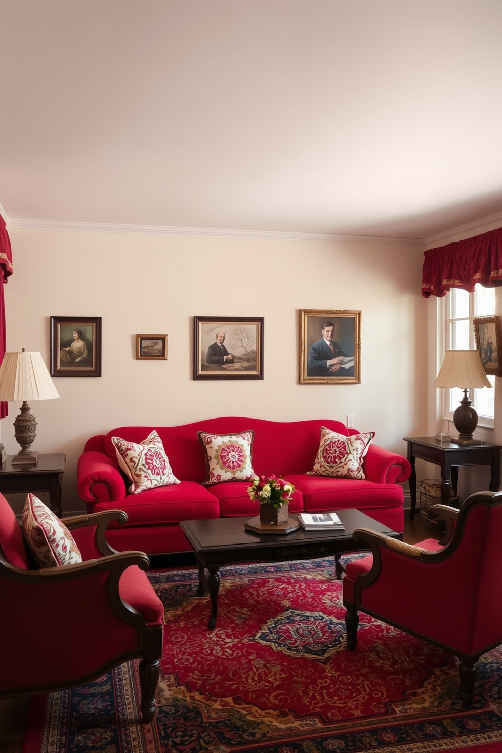 A cozy corner nook features a striking red accent chair that invites relaxation. Surrounding the chair are soft, neutral-toned walls and a plush area rug that adds warmth to the space. The living room is designed with a modern aesthetic, showcasing a harmonious blend of red and earthy tones. Large windows allow natural light to flood the room, enhancing the vibrant color palette.