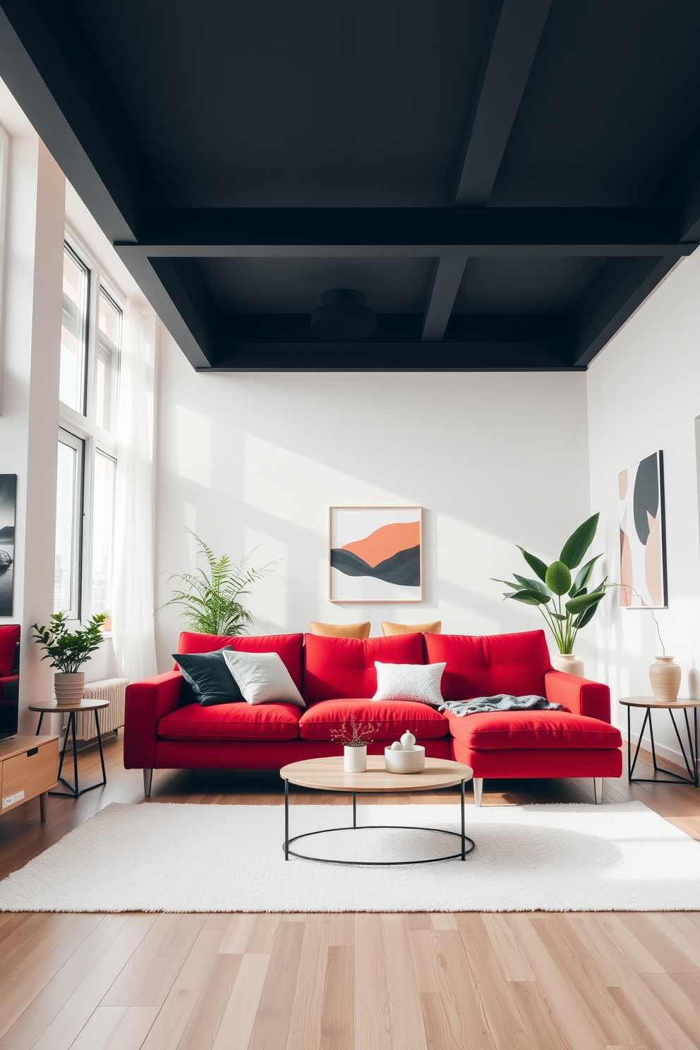 A cozy living room adorned with layered red and beige textiles that invite relaxation. Plush cushions and a soft throw blanket drape over a deep red sofa, complementing the warm beige curtains that frame the windows. A stylish area rug featuring intricate patterns in red and beige anchors the seating arrangement. Accent pillows in varying shades of red add depth and interest, while a sleek coffee table holds decorative books and a vase of fresh flowers.