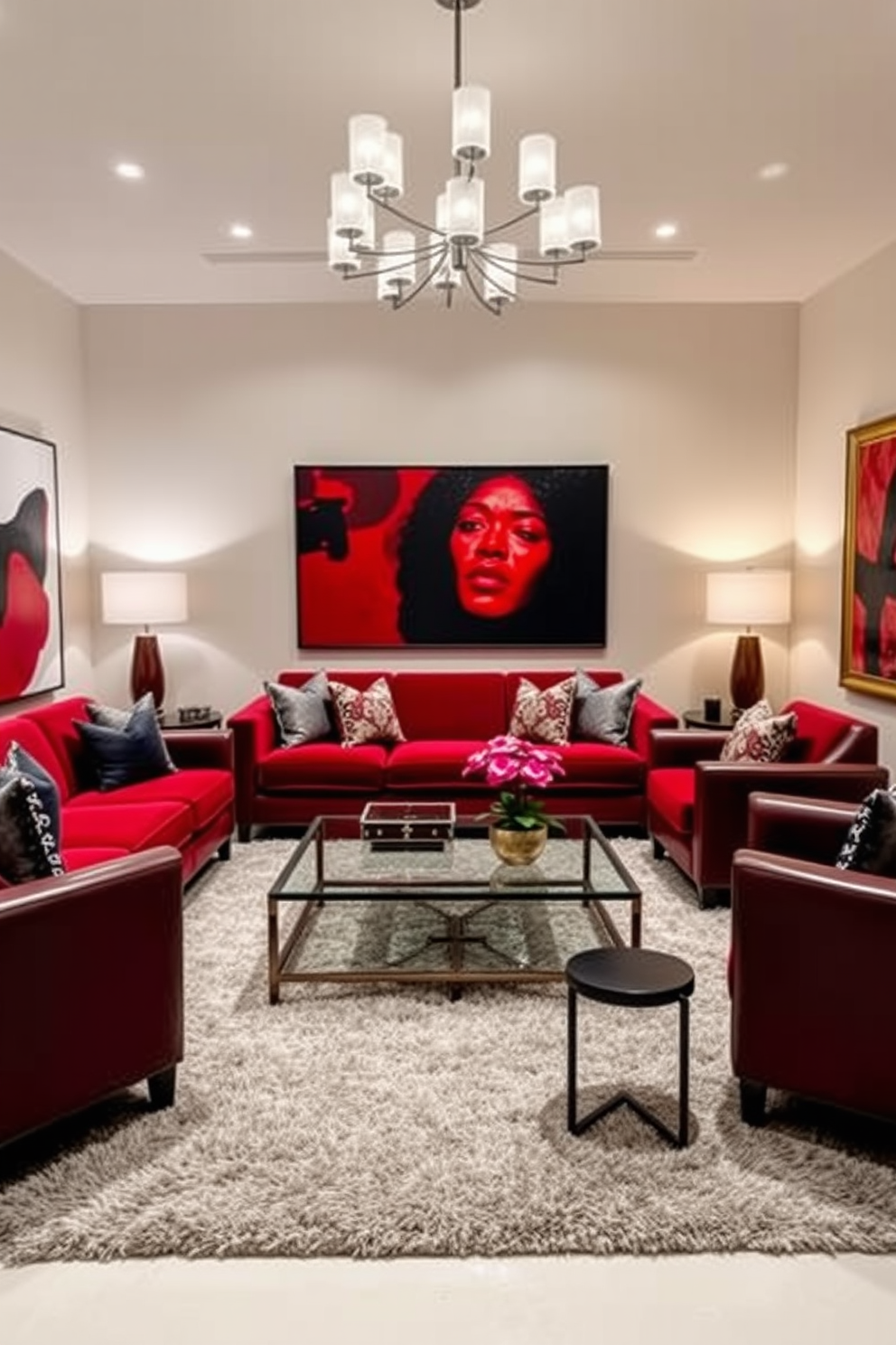 A dramatic living room featuring a bold red and black color scheme. The walls are painted a deep red while the furniture consists of sleek black sofas and accent chairs. A large black coffee table sits in the center, adorned with a striking red vase filled with fresh flowers. The room is illuminated by modern black light fixtures that create a warm and inviting atmosphere.