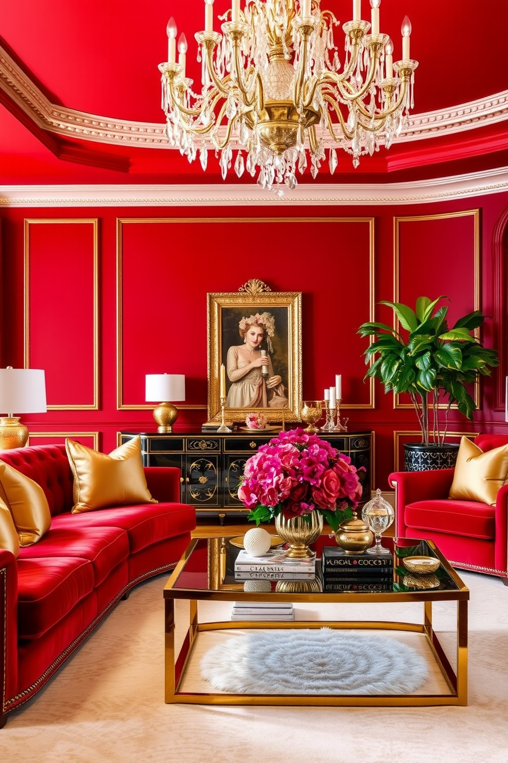 A luxurious living room featuring a rich red color scheme complemented by gold accents. The space includes a plush red sofa adorned with gold throw pillows and a stunning chandelier that adds a touch of elegance to the room. The walls are painted in a deep red hue, while the floor is covered with a soft cream area rug. A stylish coffee table with a gold frame sits in the center, surrounded by elegant decor pieces and a vibrant floral arrangement.