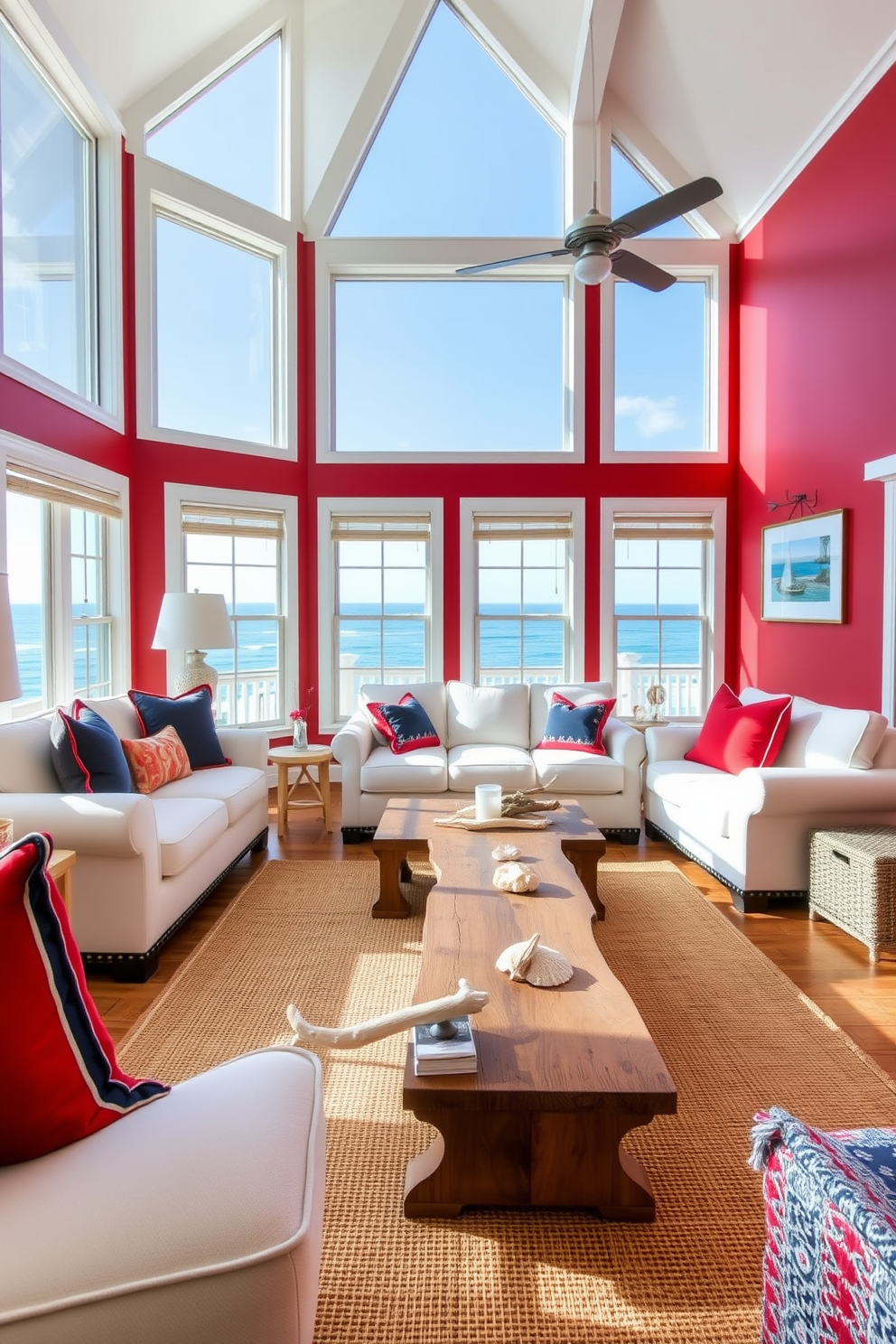 A coastal living room featuring a vibrant red accent wall that complements the sandy beige tones of the furniture. Large windows allow natural light to flood the space, showcasing a view of the ocean and enhancing the beachy atmosphere. The room is furnished with a plush white sofa adorned with red and navy blue throw pillows. A rustic wooden coffee table sits atop a jute rug, while nautical decor elements like seashells and driftwood accents add to the coastal charm.