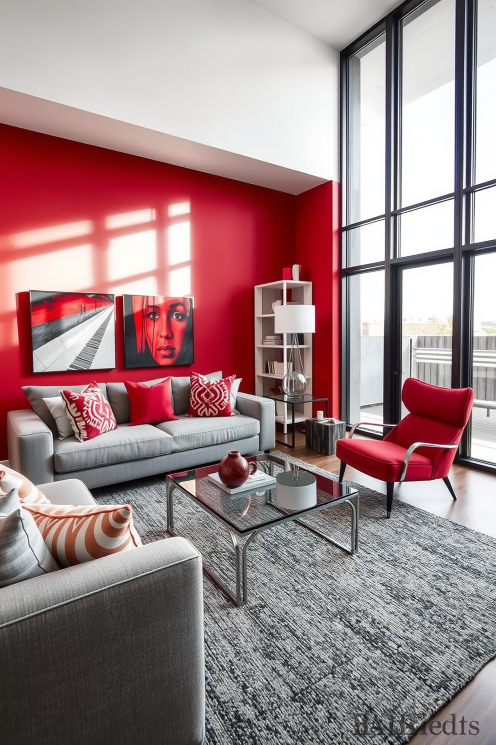 A modern chic living room featuring a striking red accent wall paired with soft gray furnishings. The space includes a plush gray sofa adorned with red and white throw pillows, and a sleek glass coffee table sits atop a textured gray area rug. Floor-to-ceiling windows allow natural light to flood the room, highlighting the contemporary art pieces that incorporate both red and gray tones. A stylish red accent chair complements the design, while a minimalist bookshelf in the corner displays curated decor items.