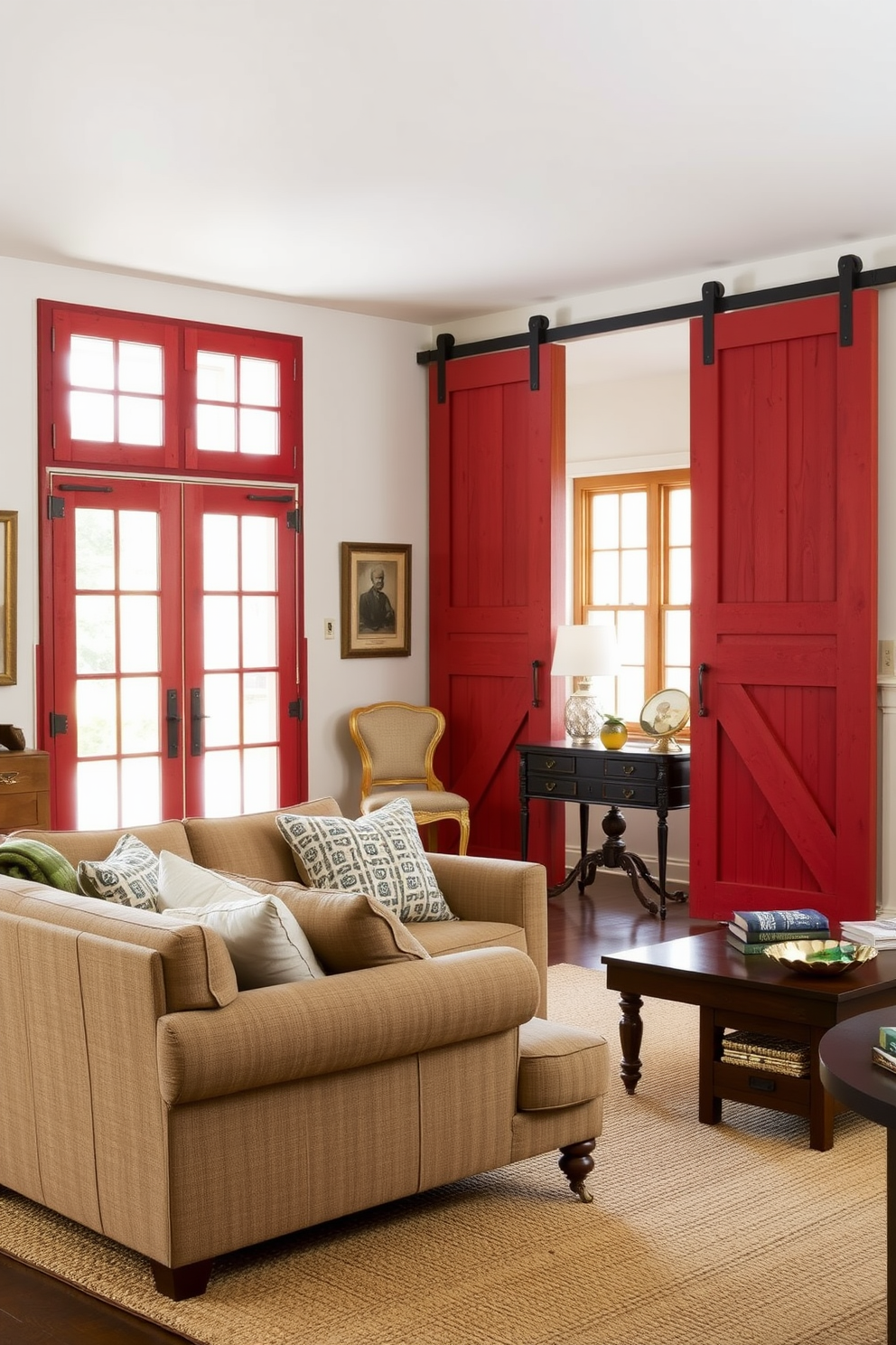 Rustic red barn doors add character and charm to the space. The living room features a cozy seating arrangement with a mix of vintage and modern furniture, complemented by warm, earthy tones.