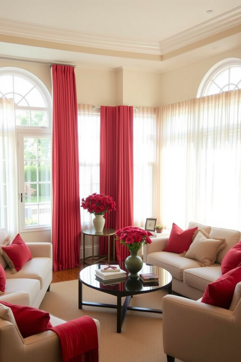 A cozy living room featuring light red curtains that gently frame the windows, adding warmth and softness to the space. The room is adorned with plush seating in neutral tones, complemented by vibrant red accent pillows and a stylish coffee table at the center.