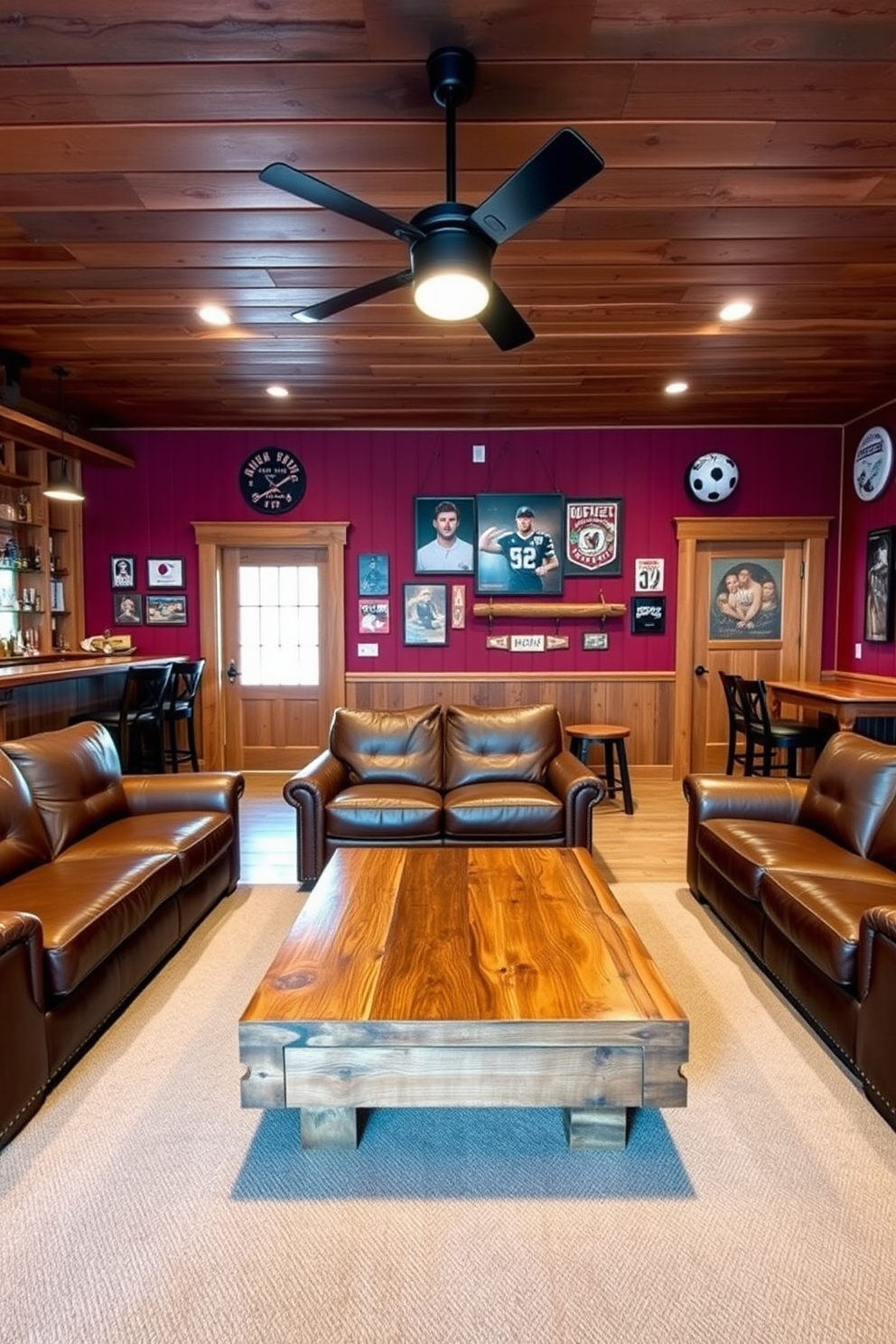 A cozy man cave featuring rustic wood accents and deep red walls. The space includes a large leather sectional sofa and a reclaimed wood coffee table at the center. On one side, a wooden bar with high stools invites gatherings, while vintage sports memorabilia adorns the walls. Soft lighting from industrial-style fixtures creates a warm and inviting atmosphere.