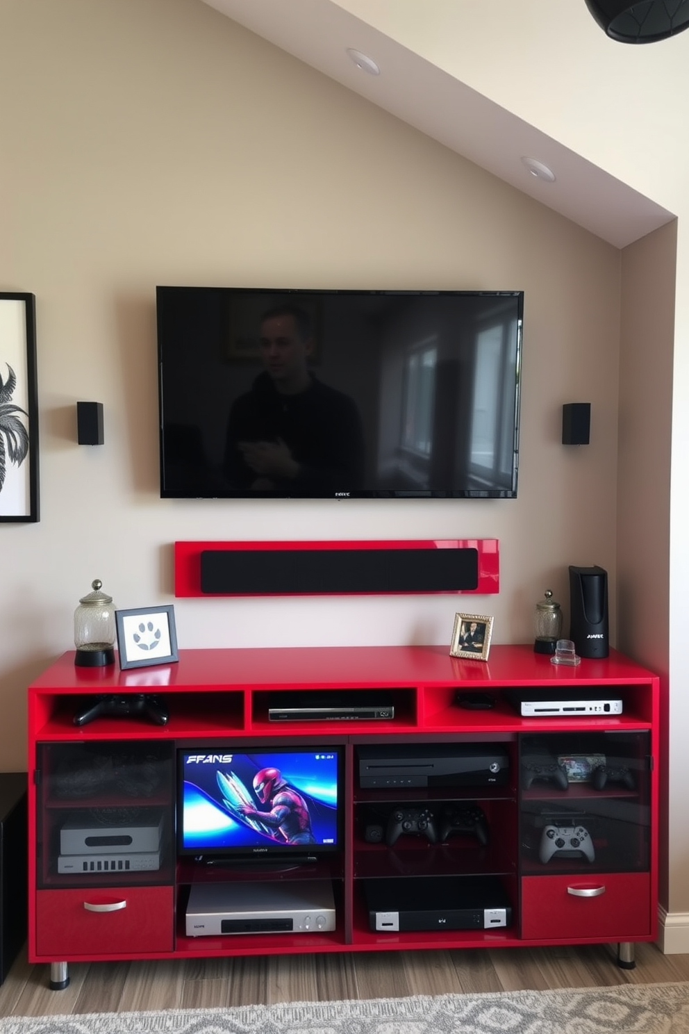 A stylish man cave featuring a wall-mounted TV centered above a sleek red entertainment center. The entertainment center is adorned with modern decor and provides ample storage for gaming consoles and accessories.