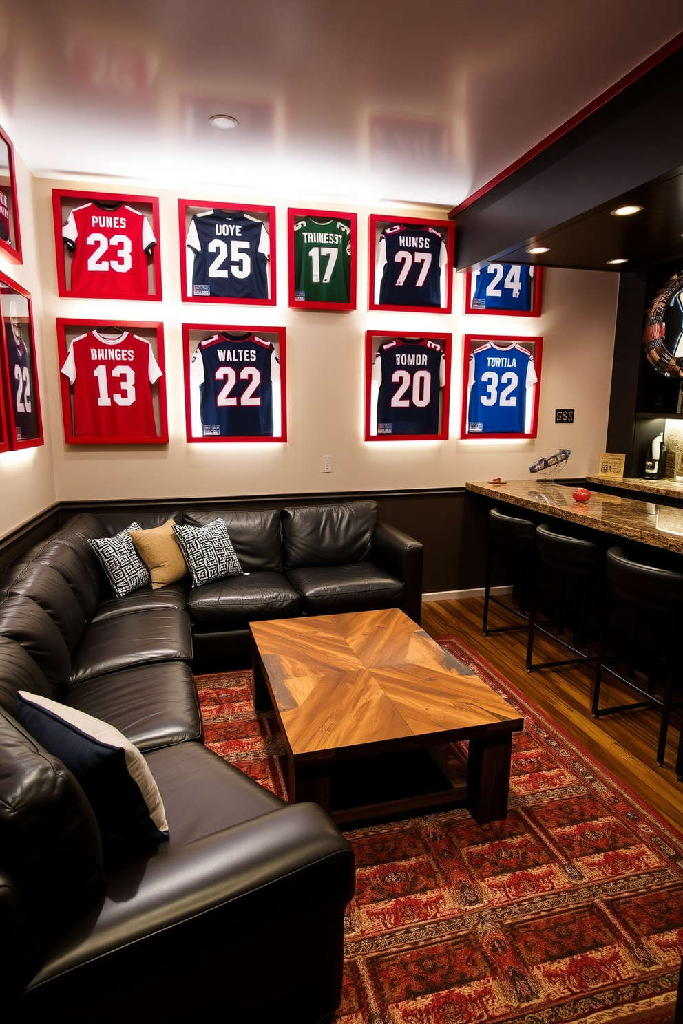 Framed jerseys in red frames adorn the walls of a stylish man cave, creating a vibrant and energetic atmosphere. The space features a plush sectional sofa in dark leather, complemented by a rustic wooden coffee table at the center. Ambient lighting is strategically placed to highlight the jerseys, enhancing their visual appeal. A sleek bar area with high stools offers a perfect spot for entertaining guests, while sports memorabilia adds a personal touch to the decor.