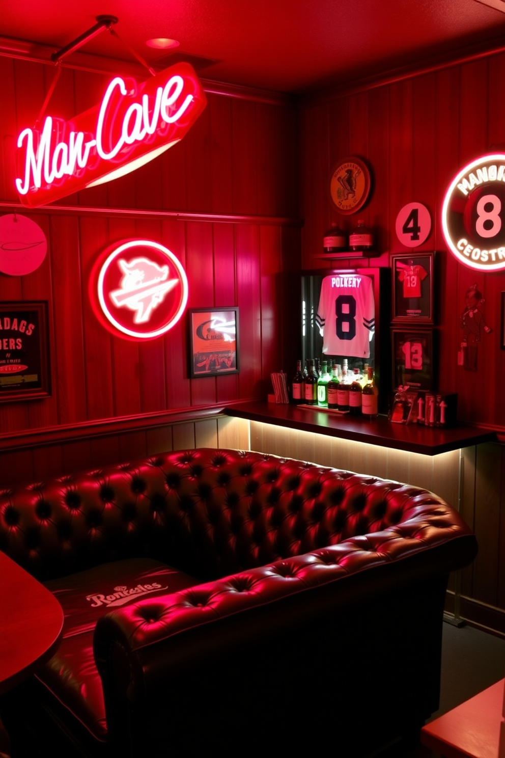 A cozy man cave featuring red neon signs that illuminate the space with a warm glow. The walls are adorned with dark wood paneling, and a plush leather sofa sits in the center, creating an inviting atmosphere. In one corner, a sleek bar area showcases a collection of spirits under the soft light of the neon signs. Vintage memorabilia and framed sports jerseys decorate the walls, enhancing the room's character and charm.