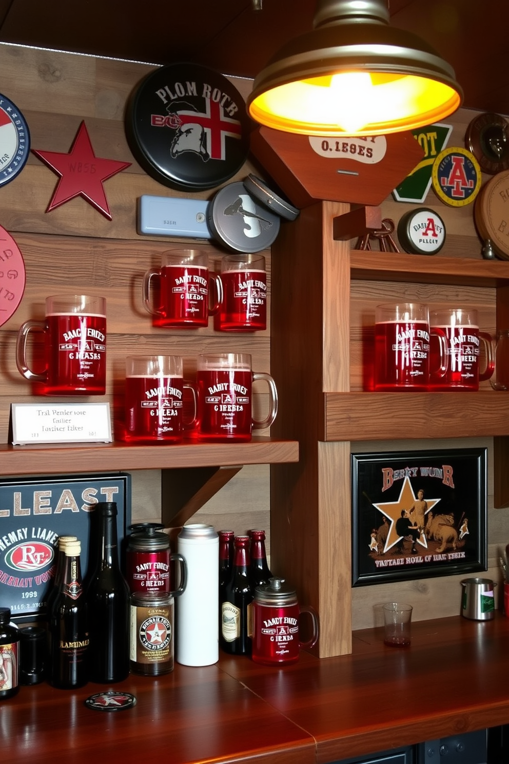 A cozy man cave featuring personalized red beer mugs displayed on rustic wooden shelves. The walls are adorned with vintage sports memorabilia and the lighting is warm and inviting, creating a perfect atmosphere for relaxation and entertainment.