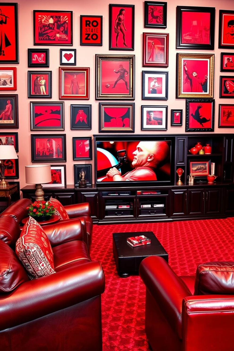 A striking red themed wall art gallery. The walls are adorned with a collection of vibrant red artwork, featuring various styles and frames that create a cohesive yet eclectic look. An inviting red man cave design. The space is furnished with plush leather seating, a large entertainment center, and dark wood accents that enhance the warm red tones throughout the room.