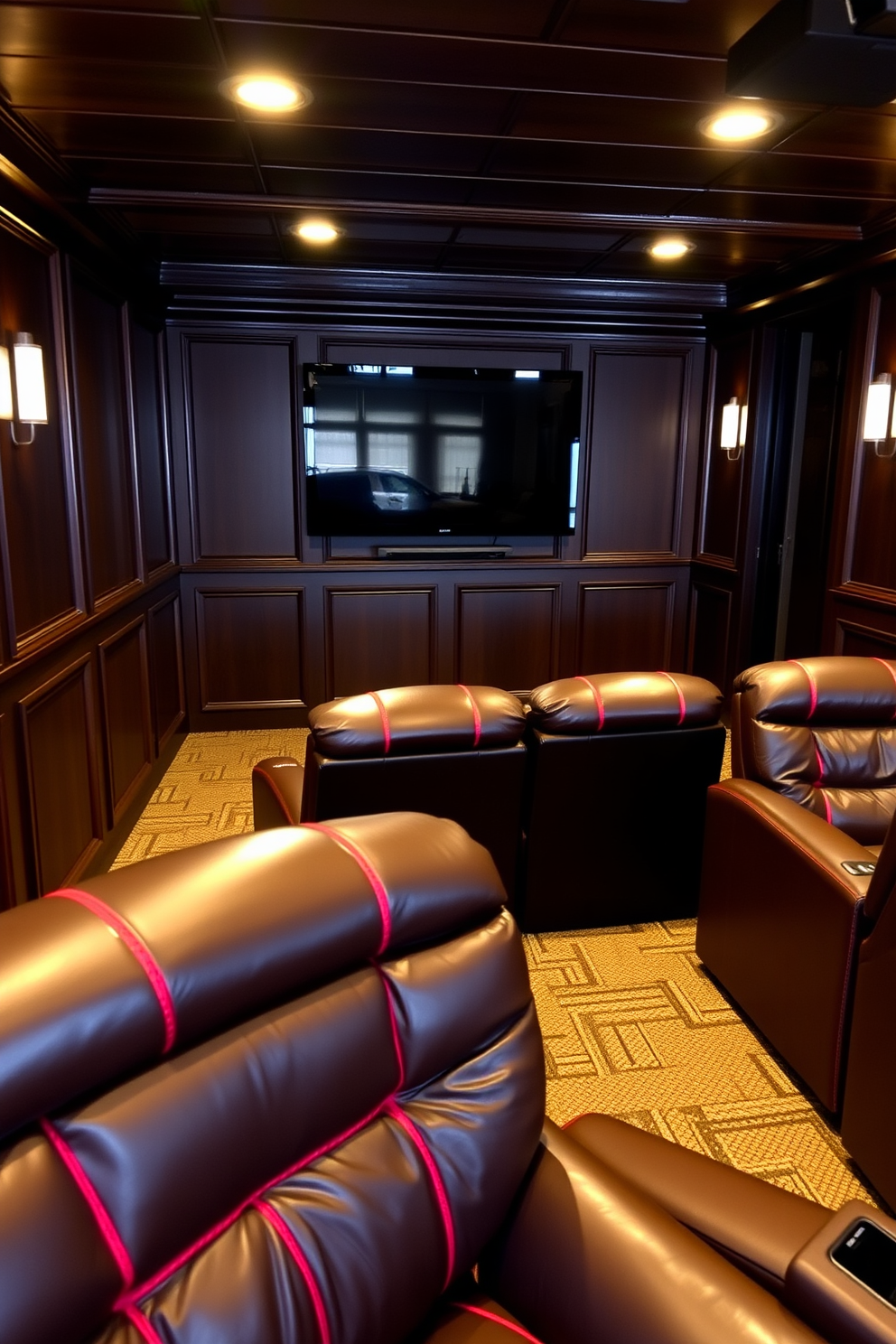 A cozy man cave featuring leather recliners adorned with striking red stitching. The space is accented with dark wood paneling and a large flat-screen TV mounted on the wall.