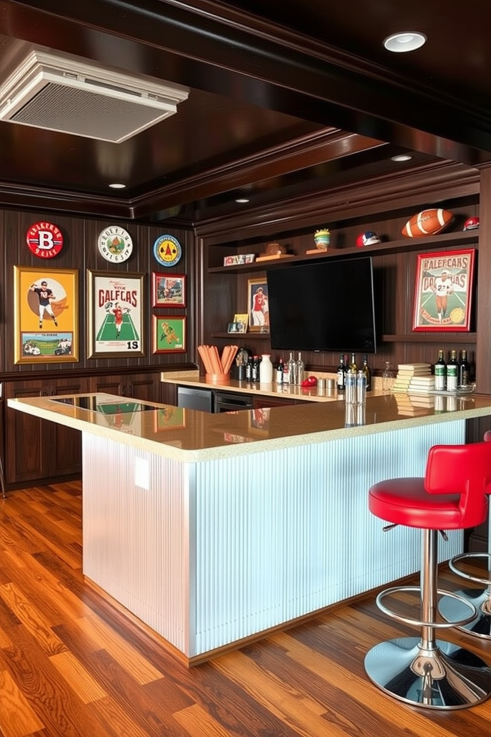 A stylish man cave featuring a sleek bar counter with red bar stools that add a pop of color to the space. The walls are adorned with dark wood paneling, and there are vintage sports memorabilia displayed on shelves, creating a warm and inviting atmosphere.