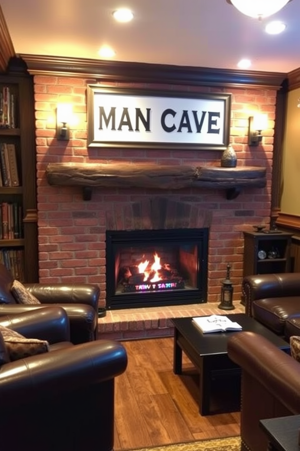 A cozy man cave featuring a fireplace with a red brick surround as the focal point. The space is adorned with comfortable leather seating, rustic wooden accents, and ambient lighting to create a warm and inviting atmosphere.