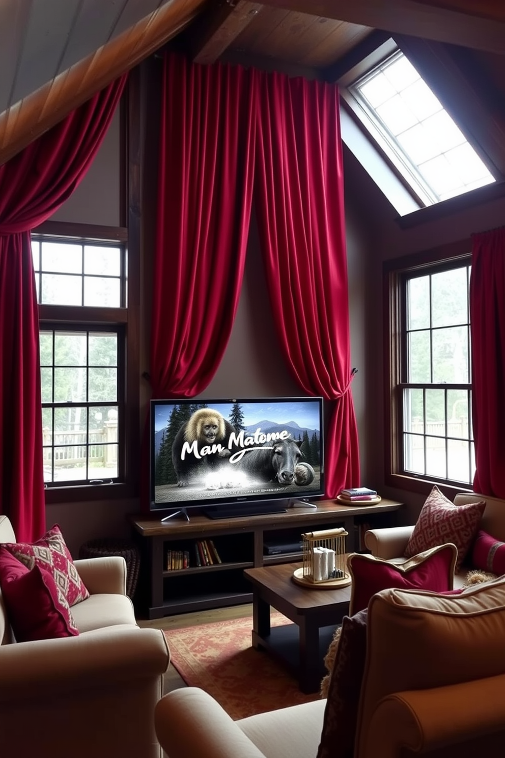 A cozy man cave featuring rich red curtains that frame the windows, creating a warm and inviting atmosphere. The space is designed with plush seating, a large flat-screen TV, and rustic wooden accents that enhance the overall comfort and style.